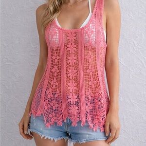 Ceceico Crochet Lace Tank Top – Coral Pink Boho Festival | Medium